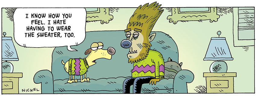 Dog talking to werewolf about hating to wear sweaters